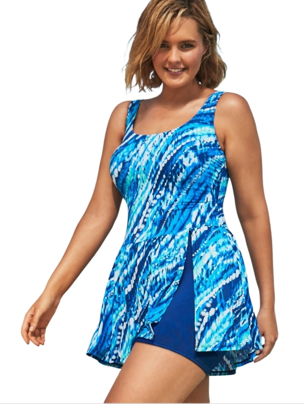 SWIM 365 Plus-Size Blue Tie Dye Side Slit Swimdress with Built-In Shorts NWOT